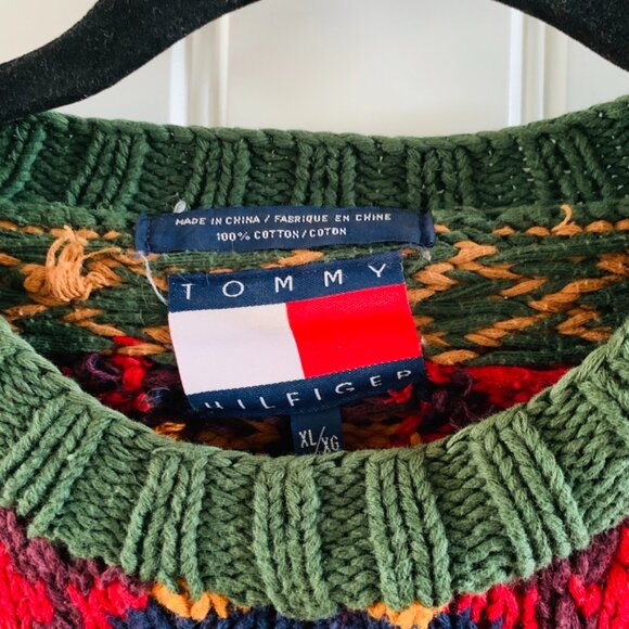 Tommy Hilfiger Mens Vintage 90s Paisley Geometric Floral Chunky Knit Sweater - Picture 4 of 14